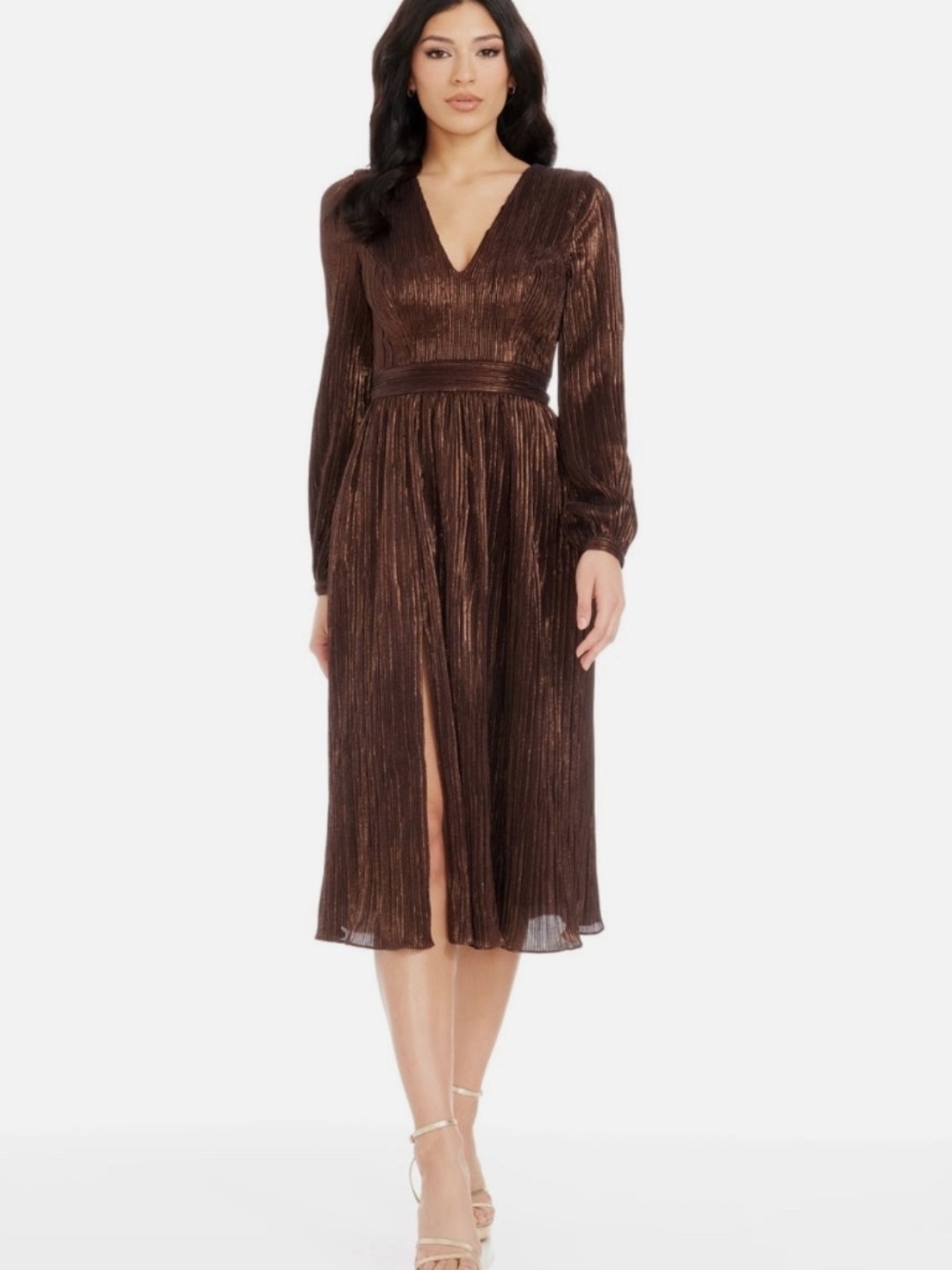 Dress the Population Holly Long Sleeve Metallic Plissé Dress Size M in Brown